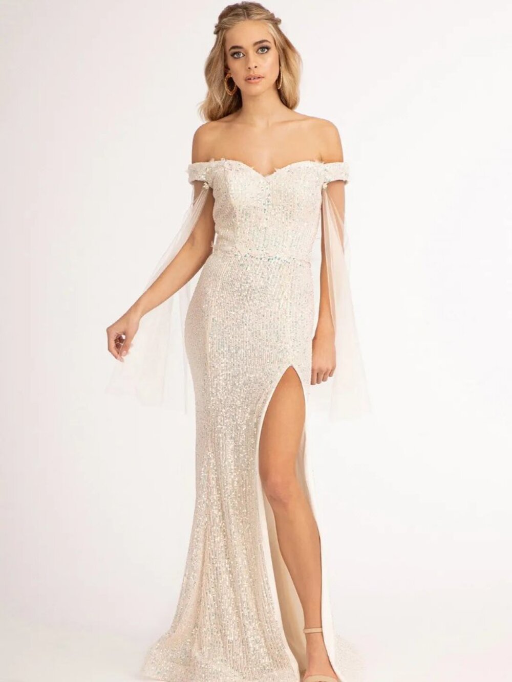 NEW CHAMPAGNE Sequin & Mesh Sweetheart Evening Gown With Slit GL3054
